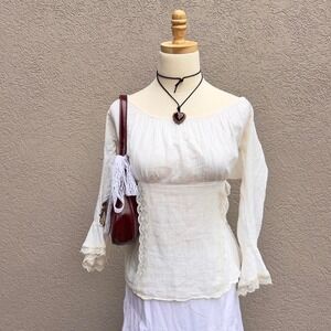 Vintage Y2K Fang Cream Babydoll Cottage Fairy Top Size Medium Lace Boho